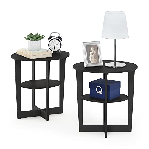 Furinno JAYA Side Table Set of 2, 2-Tier Round Modern End Table with Oval Tabletop, Night Stand, Bedside Table with Open Shelf, for Living Room, Bedroom, Walnut - color: Walnut, size: 2-Pack, 2 Tiers, Oval Panel