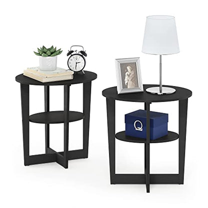 Furinno JAYA Side Table Set of 2, 2-Tier Round Modern End Table with Oval Tabletop, Night Stand, Bedside Table with Open Shelf, for Living Room, Bedroom, Walnut - color: Walnut, size: 2-Pack, 2 Tiers, Oval Panel