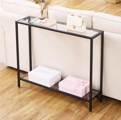 MAJARO Small Modern Console Table for Entryway, Tempered Glass with Metal Frame Sofa Table for Living Room, Hallway, Office (Double-Layer, Black) - color: Black, style: Double-layer
