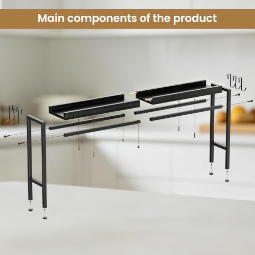 31 Inch Over the Stove Spice Rack, Adjustable 3-Tier Stove Top Shelf Equipped with 6 Utility Hooks to Organize Spices & Kitchen Gadgets (Black) - color: Black