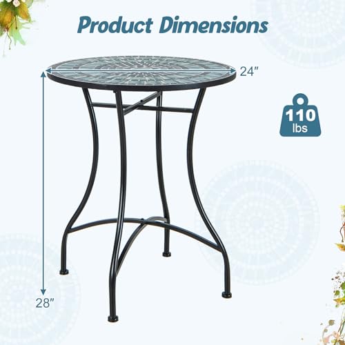 Giantex 24 Inch Patio Bistro Table, Mosaic Round Table w/Ceramic Tile Tabletop, Heavy-Duty Metal Structure, Outdoor Dining Table for Backyard, Garden, Porch (Blue & Black (Sun Pattern)) - color: Blue & Black (Sun Pattern)