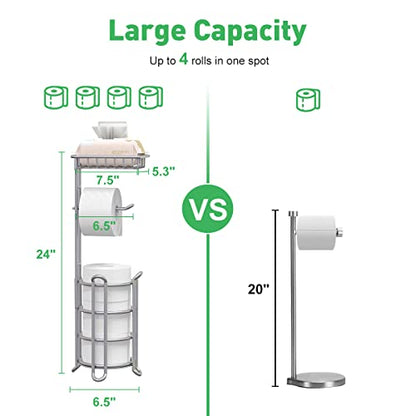 Toilet Paper Holder Stand Bathroom Tissue Dispenser Holders Rack Free Standing with Extra Shelf Storage Mega Rolls/Phone/Wipe - Silver - color: B-silver