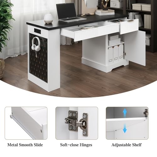 55" Modern Fluted Office Desk with Storage Cabinet & Drawers, Computer Writing Desk with Power Outlet, Pegboard, Built-in Shelves & Keyboard Tray for Study, Home Office, White - color: White