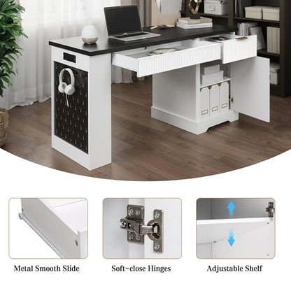 55" Modern Fluted Office Desk with Storage Cabinet & Drawers, Computer Writing Desk with Power Outlet, Pegboard, Built-in Shelves & Keyboard Tray for Study, Home Office, White - color: White