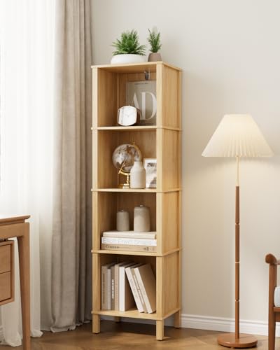 Book Shelf, Modern 4-Tier Bookcase, Open Storage Bookshelf, 11 × 14.2 × 50.4 Inches, Small Narrow Bookshelves for Living Room, Home Office, Bedroom, Natural - color: Natural, size: 4-Tier