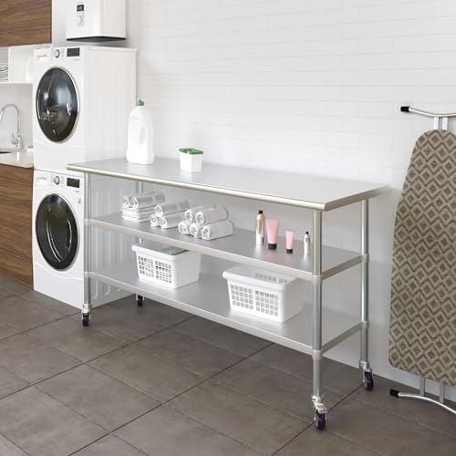 AmGood Stainless Steel Work Table with 2 Shelves and Casters | Metal Utility Table On Wheels (Stainless Steel Work Table with 2 Shelves + Casters, 72" Long x 24" Deep) - size: 72" Long x 24" Deep