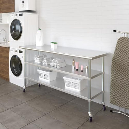 AmGood Stainless Steel Work Table with 2 Shelves and Casters | Metal Utility Table On Wheels (Stainless Steel Work Table with 2 Shelves + Casters, 72" Long x 24" Deep) - size: 72" Long x 24" Deep