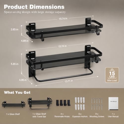 VOLPONE Glass Shelf for Bathroom 15.7 in Black Bathroom Shelves Wall Mounted Tempered Glass Shelving with 4 Removable Hooks (2 Tier) - style: 2 tier with towel hooks-black