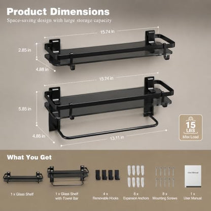 VOLPONE Glass Shelf for Bathroom 15.7 in Black Bathroom Shelves Wall Mounted Tempered Glass Shelving with 2 Removable Hooks (1 Tier) - style: 1 tier with towel bar-black
