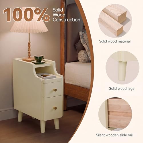 Nightstand with Drawers Set 2, Pre-Assembled, 19.7" H Natural Solid Wood Night Stand with Open Sliding Shelf, Mid Century Modern Small Bedside Table Cabinet for Bedroom, Cream 8" - color: Cream-2pack, size: 8"