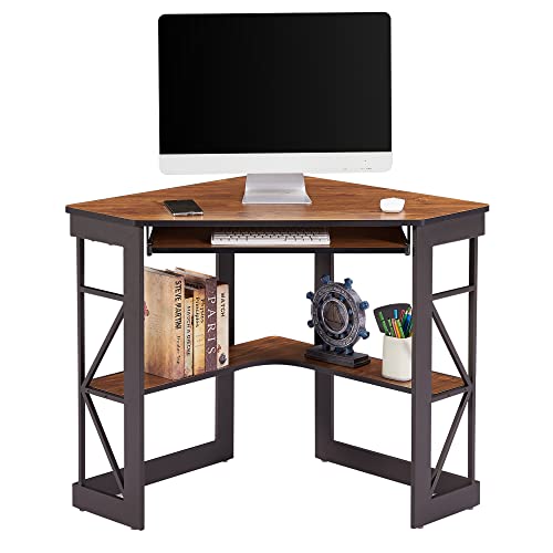 VECELO Corner Desk Computer Desk Writing Table with Smooth Keyboard Tray&Storage Shelves for Small Spaces/Compact Home Office Triangle Table,Teak Brown - color: Teak Brown
