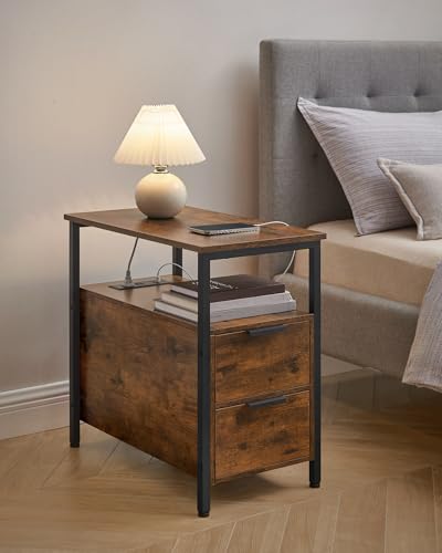 VASAGLE Side End Table with Charging Station, Slim Nightstand with 2 Drawers, Narrow Bedside Table for Living Room, Small Spaces, Rustic Brown and Ink Black ULET321B01V1S - color: Rustic Brown + Ink Black, size: 23.6"D x 11.8"W