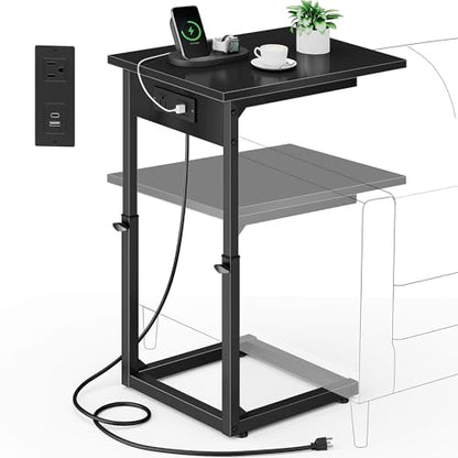 Vagusicc C Shaped End Table with Charging Station, 33"Tall C-Table End Table Adjustable Height Side Table for Couch, Couch Table That Slide Under Sofa Table TV Tray Table for Living Room,Bedroom,Black - color: Black, style: Charging Station