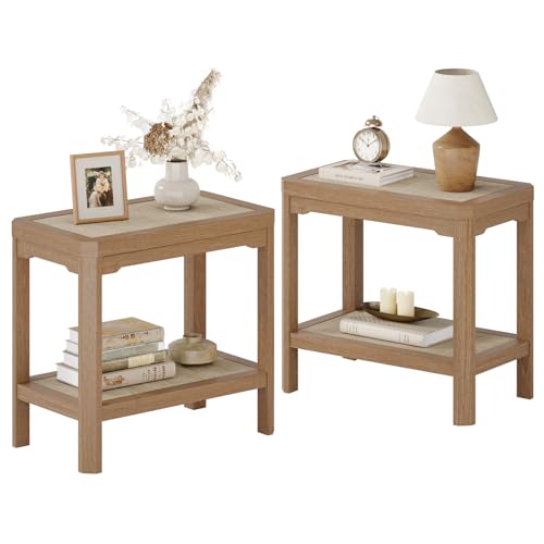 Eclatara Rattan Night Stand Set of 2 - Farmhouse 2 Tier End Table for Bedroomoom - Accent Side Table wtih Open Storage Shelves for Small Space Narrow Coffee Table Bamboo, Natural Oak - color: Natural Oak, Geometric Edges