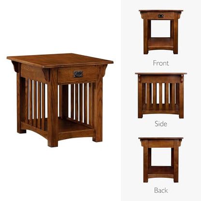 Leick Home Mission End Table, Solid Wood Construction, 1 Storage Drawer, Bottom Display Shelf, Slatted Sides, Easy-Assembly, Medium Oak, 25.0 in. W x 22.0 in. L x 23.0 In. H, 8207 - color: Medium Oak
