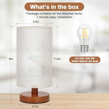 Fenmzee Small Table Lamp for Bedroom - Inline Control, Bedside Lamp with 3000K A15 LED Blub, Easy Assembly (Cream Shade - Walnut Base, 9" Inline Control) - color: Cream Shade - Walnut Base