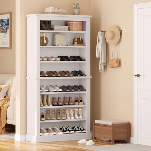 knoworld 71'' Tall Freestanding Shoe Cabinet with Open Storage, 9-Tier Thickened Wood Shoe Rack with Adjustable Shelves for Entryway, Hallway & Small Spaces, Modern White Storage Organizer (White)