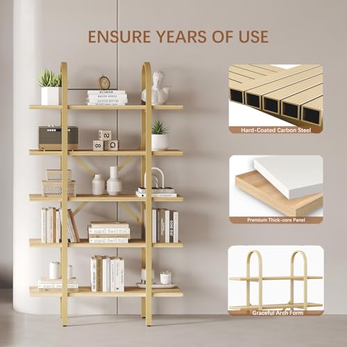 Wide Bookshelf Arched Bookcase, Industrial 5 Tier Open Book Shelves with Metal Frame, 72" Tall Freestanding Heavy Duty Display Rack for Home Office, Living Room,Nature Wood & Gold,Easy Assembly - color: Nature Wood & Gold, size: 5 Tier Arched Wide