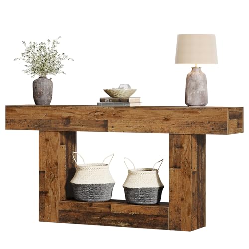 Tribesigns 63-Inch Long Console Table, 2-Tier Entryway Table Sofa Table with Storage, Farmhouse Wood Behind Couch Table for Living Room, Hallway, Rustic Mixed Brown - color: Rustic Mixed Brown