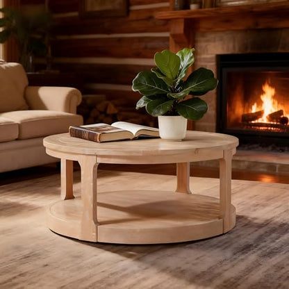 Coffee Table Round 40 inch for Living Room Modern 2-Tier Solid Wood Desktop Coffee Tables with Stroage Casters Circle Drum Tea Wooden Handcraft Home Furniture for Apartment Easy Assembly Oak - color: 40 Oak 2-tier