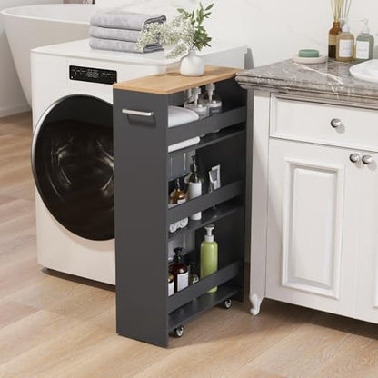 LOKO 4-Tier Rolling Storage Cart, 8 Inches Slim Kitchen Cart on Wheels with Open Shelves & Handle, Laundry Room Cart Between Washer and Dryer, for Narrow Space Bathroom Next to Fridge (Grey & Natural) - color: Grey & Natural