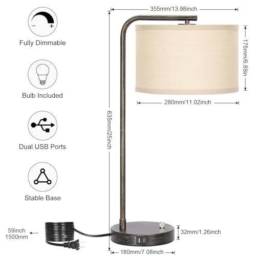 Seaside village Bedside Table Lamp with USB C+A Charging Ports, Fully Dimmable Industrial Tall Nightstand Reading Desk Lamp for Bedroom, Living Room, Office, 9W LED Bulb Included - color: Black with Brushed Gold
