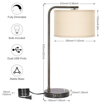 Seaside village Bedside Table Lamp with USB C+A Charging Ports, Fully Dimmable Industrial Tall Nightstand Reading Desk Lamp for Bedroom, Living Room, Office, 9W LED Bulb Included - color: Black with Brushed Gold