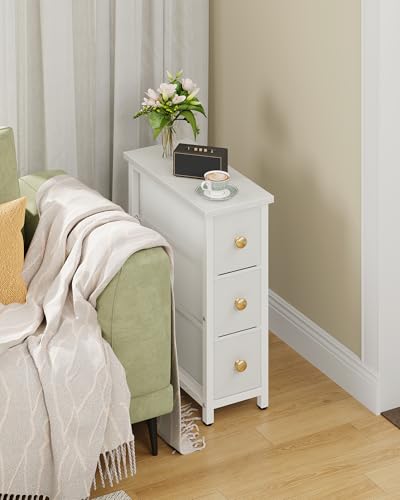 CHOEZON Narrow Side Table with 3 Fabric Drawers, Industrial Slim Bedside Table for Small Spaces, Bedroom, Living Room, Dormitory, White TBZ09WB - color: White