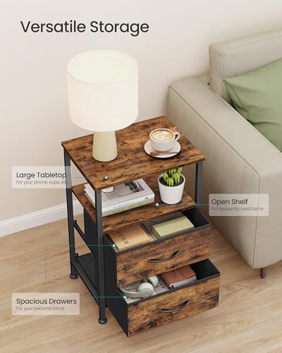 SONGMICS Nightstand, Bed Side Table, End Table with 2 Drawers | 1 Open Shelf, Industrial, Rustic Brown, BELLAH Collection ULGS052K101S - color: Rustic Brown, style: 2 Drawers-1Pc