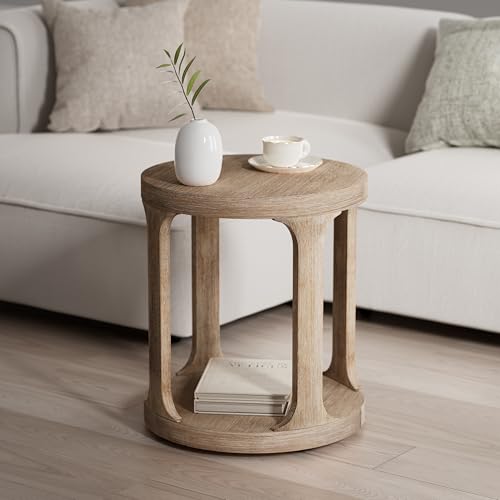 COZAYH Farmhouse Small End Table Coastal Low Wood Side Table, Wood Grey | Rustic Round Pedestal Table for Small Space, Living Room, Office, Couch, Distressed Finish