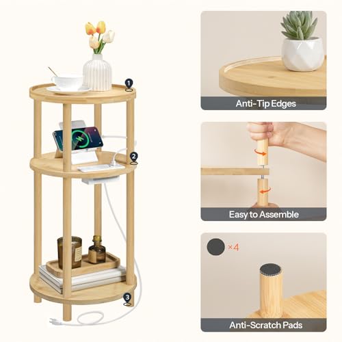 HOOBRO Set of 2 Small Round Side Tables with Charging Station, 3-Tier Round Bamboo End Tables, Easy Assembly, for Living Room, Bedroom, Apartment, Natural YL152UBZP201 - color: Natural
