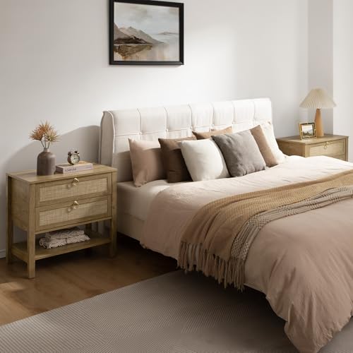 SICOTAS 26.7" Wide Rattan Nightstand with 2 Drawers & Open Shelf End Table | Large Night Stand with Storage Shelf, Coastal Boho Bedside Table for King Bed, Bedroom, Guest Room, Apartment, and End Table - color: Light Walnut