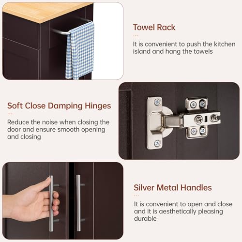 Mobile Kitchen Island on Wheels, Large Drawer, Dark Coffee | On Wheels, Large Drawer, Adjustable Shelf, Towel Rack, Rolling Island Table,for Kitchen & Dining Room - size: Small Kitchen Island, style: Modern Dark Coffee