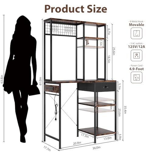 DreamDashio Over Mini Fridge Shelf with Power Outlet, 3-Tier Bakers Rack & Appliance Organizer for Microwave and Coffee Maker, Featuring Adjustable Shelves, Storage Drawer, 8 S-Hooks