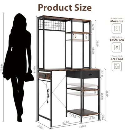 DreamDashio Over Mini Fridge Shelf with Power Outlet, 3-Tier Bakers Rack & Appliance Organizer for Microwave and Coffee Maker, Featuring Adjustable Shelves, Storage Drawer, 8 S-Hooks