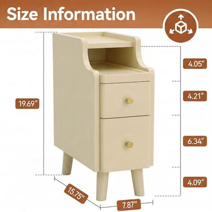 Nightstand, Pre-Assembled, 19.7“H Solid Wood Narrow Night Stand with 2 Drawers, Open Sliding Shelf, Mid Century Modern Small Bedside Table for Bedroom, Cream 8" - color: Cream, size: 8"