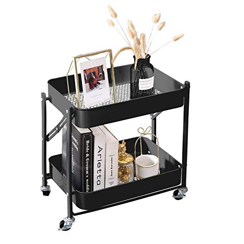 Melody House 2-Tier Metal Folding Rolling Cart, Mobile Utility Cart Trolley Storage Organizer for Office Home Kitchen Organization, Sofa Side End Table with Wheels, Black - color: C- Black
