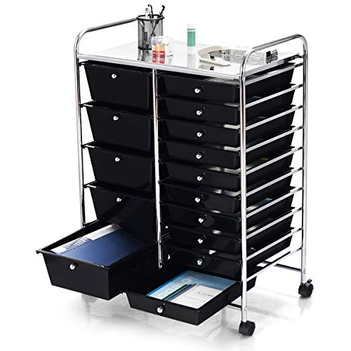 DREAMADE Rolling Cart with 15 Drawers, Clear Plastic Drawer Organizer w/Lockable Wheels, Removable & 2-Sized Storage Drawers, Art Cart for School Home Art Supplies Crafts File Scrapbook (Black) - color: Black, size: 25"L x 14.5"W x 34.5"H