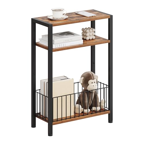 TRIFEBLE Narrow Side Table with Storage Basket, Small End Table for Small Spaces, Slim Sofa Table for Living Room, 3 Tier Bedside Table for Bedroom, Rustic Brown - color: Rustic Brown, style: With Basket