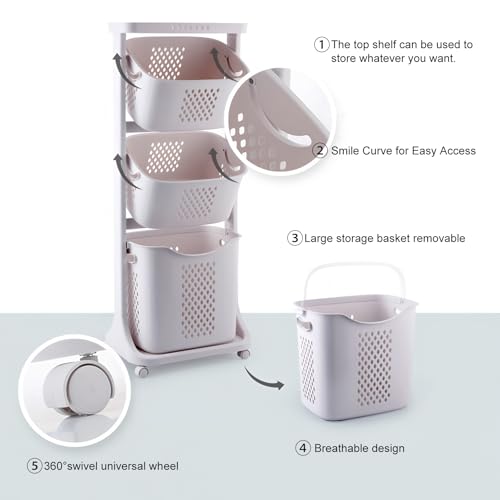 4-Tier Laundry Hamper Sorter, 54" Tall Laundry Storage Organizer with Wheels, Removable Rolling Laundry Baskets Bathroom Cart for Dirty Clothes, White