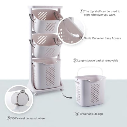 4-Tier Laundry Hamper Sorter, 54" Tall Laundry Storage Organizer with Wheels, Removable Rolling Laundry Baskets Bathroom Cart for Dirty Clothes, White