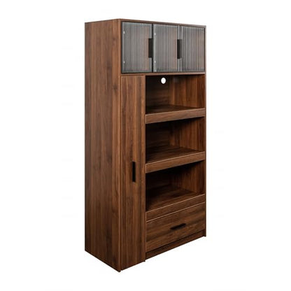 70.87" Tall Kitchen Pantry Storage Cabinet with Pull-Out Shelf, Glass Doors, 2 Drawers & Side Shelves, Freestanding Wood Hutch Cupboard with Microwave Stand for Dining Room, Coffee Bar, Walnut - color: 04 Walnut