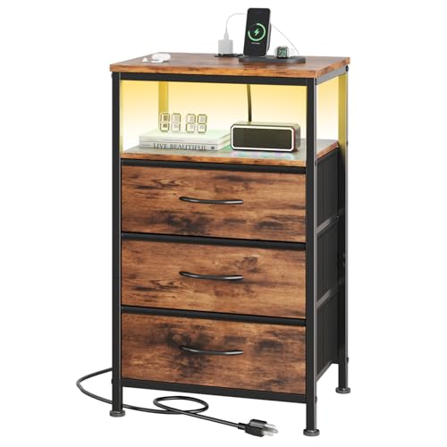 OLIXIS Nightstand with Charging Station, 3-Drawer Bedside Table with USB Ports & Type-C, Bedroom Night Stand with Fabric Drawers and Open Shelf, Tall Narrow End Table for Small Bedroom, Rustic Brown - color: Rustic Brown, size: 15.7"Dx11.8"Wx27.9"H(3-Draw