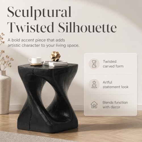 Twisted Solid Wood Accent Table, Hand-Carved Sculptural End Table, 12x12x16 inch Rustic Wooden Stool, Modern Geometric Side Table for Living Room Bedroom, Natural Wood Nightstand Plant Stand - color: Style A-black
