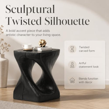 Twisted Solid Wood Accent Table, Hand-Carved Sculptural End Table, 12x12x16 inch Rustic Wooden Stool, Modern Geometric Side Table for Living Room Bedroom, Natural Wood Nightstand Plant Stand - color: Style A-black