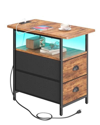 sthmec End Table with Charging Station, Narrow Side Table with 2 Drawers, LED Nightstands with Drawers, USB Ports&Power Oulets,Slim Sofa Side Tables for Small Spaces,Living Room,Bedroom,Rustic Brown - color: Rustic Brown, size: 11.75'' W x 21'' D x 24.3''