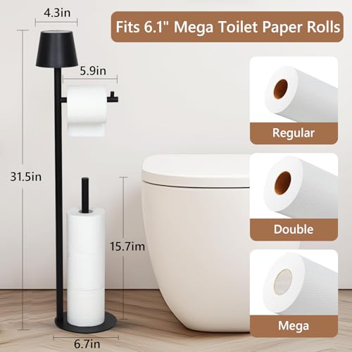 Black Toilet Paper Holder Stand with Storage, Free Standing Toilet Paper Holder for Bathroom, Toilet Paper Storage Stand with Wireless Lamp, Freestanding Toilet Paper Holder