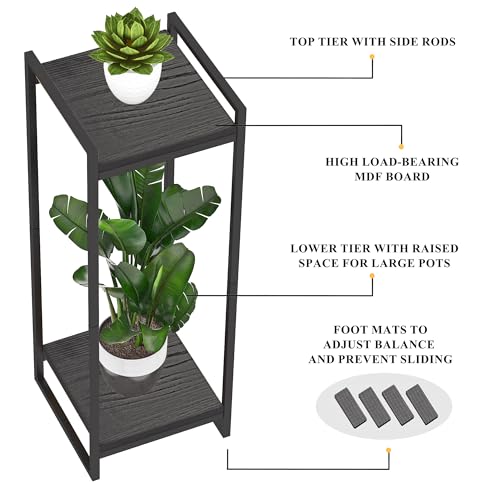 34" Tall Indoor Plant Stand, 2-Tier Flower Pot Rack, Black | Modern Minimalist Look, Wood Finish, for Living Room, Bedroom, Balcony, Space-Saving, Sturdy Metal Frame