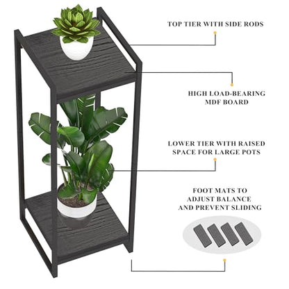 34" Tall Indoor Plant Stand, 2-Tier Flower Pot Rack, Black | Modern Minimalist Look, Wood Finish, for Living Room, Bedroom, Balcony, Space-Saving, Sturdy Metal Frame