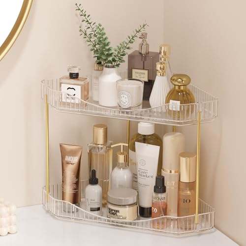 Lifewit 2-Tier Corner Bathroom Counter Organizer, Plastic Makeup Skincare Organizers Storage Countertop, Large Sink Cosmetic Perfume Shelf for Bedroom, Dresser, Kitchen, Vanity, Clear, 25 cm/10inch(H) - color: Clear, size: 2 Tier